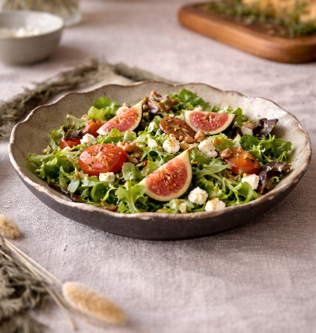 Assiette Jasmina en grès, faite main, utilisée pour servir une salade.