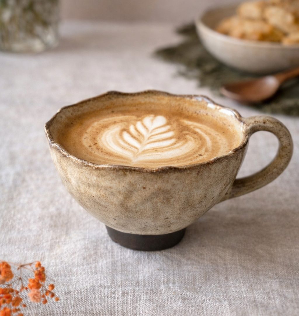 Tasse Aster en grès, faite main, avec un café.