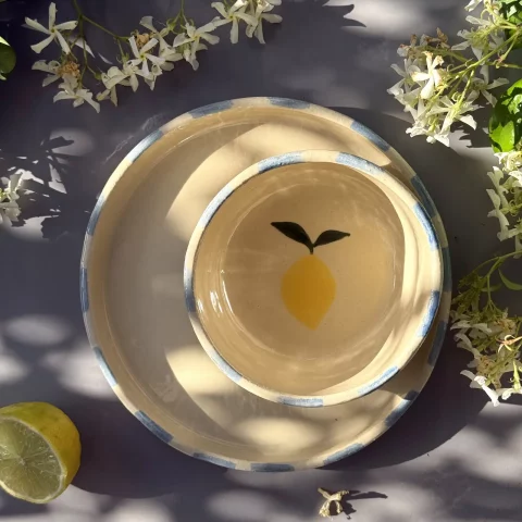 Bol Demba et assiette assortie avec citron peint à la main.