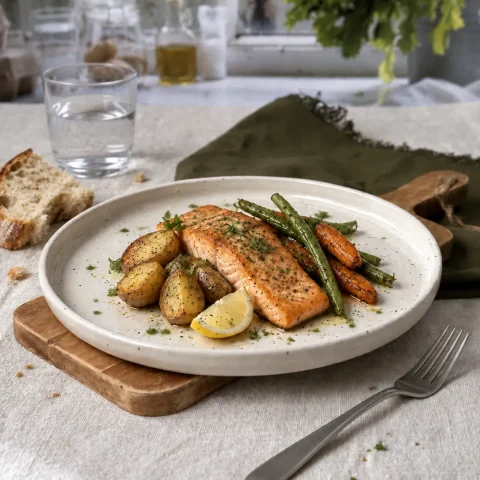 Grande assiette ELIA blanc pyrité en grès artisanal avec du saumon posée sur une table dressée.